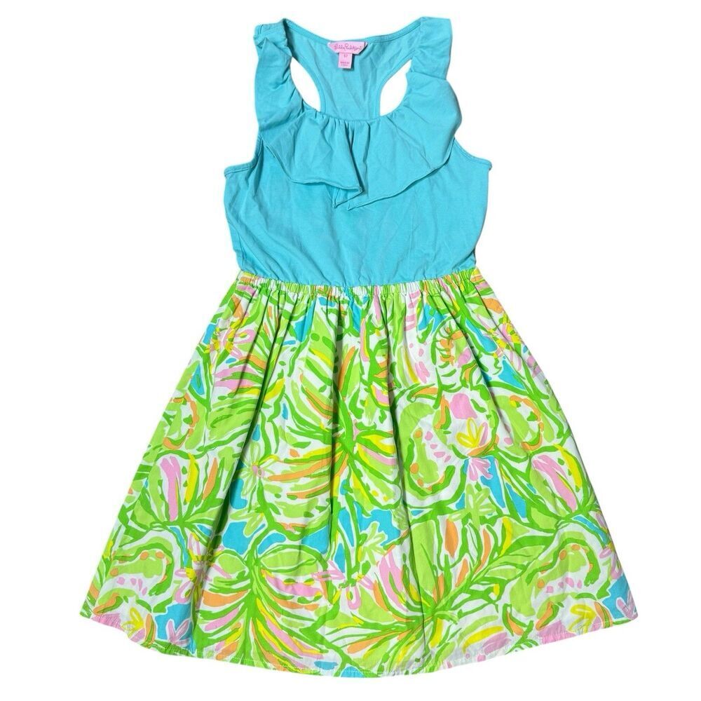 Lilly Pulitzer Little Lorraine Floral Dress Girls 12 Green Blue Summer Preppy